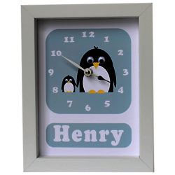 Stripey Cats Personalised Poppy & Petula Penguin Framed Clock, 23 x 18cm Blue